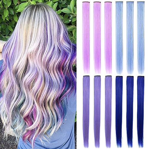 XIRRWWH 12 Stücke 21 Inch Farbe Haarverlängerung Clip in,Bunte Haarsträhnen Haarteile Heat Resistant Gerade Multicolor Haarzubehör für Mädchen(Hellviolett,Hellblau,Lavendel,Blau)