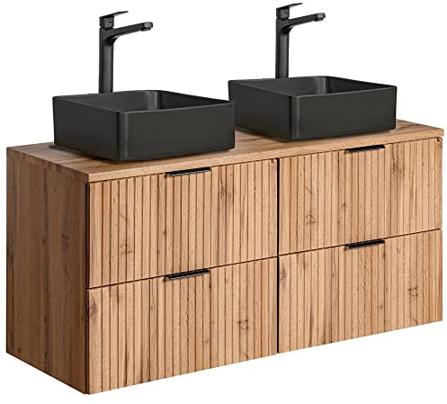 Lomadox Badmöbel Waschtisch mit 120 cm Unterschrank Set, Wotaneiche gerillt, Keramik-Waschbecken schwarz, 4 Softclose-Schubkästen, B/H/T 120,6/72,2/46,5 cm