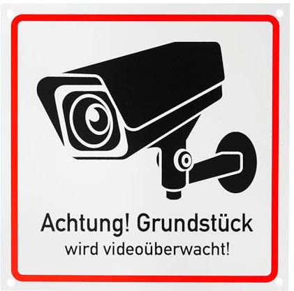 Hinweisschild Achtung! Grundstück wird videoüberwacht!, 1 Stück, 15 x 15 cm, 2,7 mm starkes PVC Schild mit Bohrlöchern, Warnschild videoüberwacht für Innen- und Außenbereich, Schild Kamera Attrappe