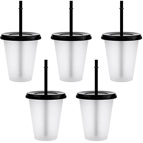 TSLBW 5 Pcs Bunte Plastikbecher Kunststoffbecher wiederverwendbar mit Deckelstrohhalmen, bunt, bruchsicher, Party-Becher, Trink-Becher, Party-Geschirr, Camping-Geschirr, Kinder