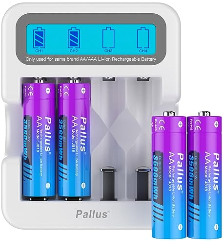 Pallus Piles Rechargeables Au Lithium AA 1,5 V De, 1 600 Cycles avec Une Capacité élevée De 3500mWh, Puissance Constante De 1,5V, Lot De 4 Piles AA Au Lithium avec Chargeur LCD Blanc