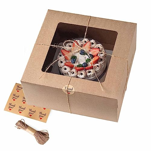 WVOPIAHY Tortenkartons Braunes Kraftpapier,Kuchenkarton mit Sichtfenster Kuchenboxen 26x26x13cm,10 Zoll Konditorkarton, Tortenbox(10 Stück mit Schnur und Aufkleber)