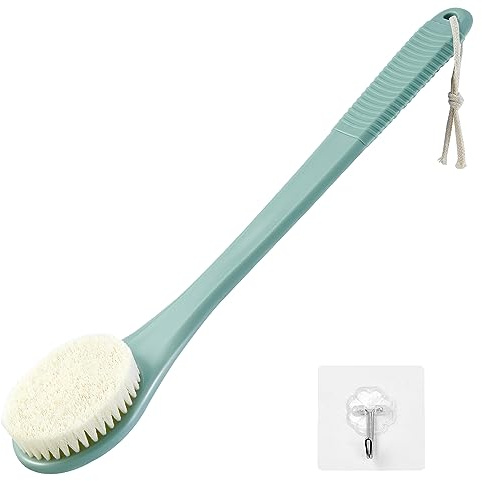 Back Scrubber for Shower, Shower Body Brush for Cleaning with Long Handle for Showering, 17 Inch Back Washer Exfoliator for Shower Men Women with Non-Slip Handle, Adhesive Hook (17 Pea Green)