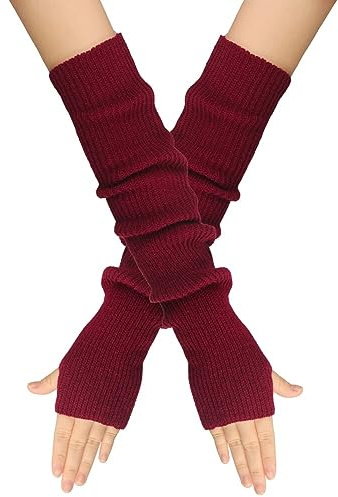 Surakey Winter Gestrickte Handschuhe für Damen, 1 Paar Fingerlose Armstulpen Feinstrick lang Handwärmer Stulpen, Warm Strick Handschuhe Pluswärmer Handstulpen Armwärmer Stulpen für Damen,Rotwein