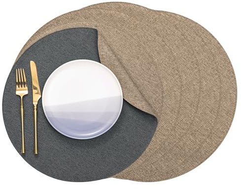 Banchif Set di 6 Tovagliette in Lino rotonde Bifacciale Non-Scivolose Americane Lavabili Tovagliette Colazione Diametro: 38 cm (Grigio-Giallo Chiaro, Rotondo Set di 6)
