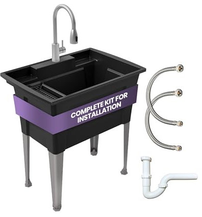 Standwaschbecken mit Stahlbeinen und Schwanenhals-Wasserhahn – 81,3 cm Allzweckspülen für Waschküche, Garage, Garten, Keller – Noah William Home Innen- und Außenbereich Kellerwaschwanne (schwarz)