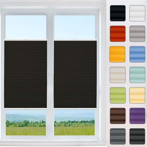 Plissee ohne Bohren Plissees Klemmfix 70 x 140 cm Schallschutz Sicht- und Sonnenschutz lichtundurchlässig Plisseerollo, mit Montagezubehör, für Schlafzimmer Badezimmer, Schwarz