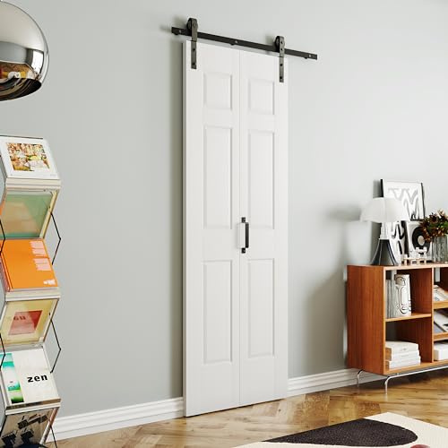 SOLRIG Bifold Barn Door 30（15 x2） x 84, 6-Panel Sliding Barn Door with Hardware Kit Set, Pre-drilled Bifold Closet Door Slab for Bedrooms, Pantry, Closets, 2.83FT Track for 2 Doors, MDF, White