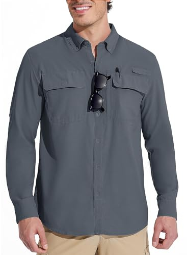 MAGCOMSEN Mens Shirts UV Sun Protection Button Down Long Sleeve Shirts Summer Quick Dry Shirts for Fishing Hiking Safari Dark Grey XL