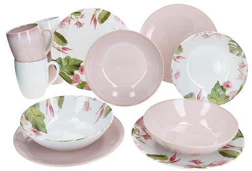 Mäser Ossia Exotic Tearose Service de petit-déjeuner 12 pièces rose I 4 assiettes de 330 ml et 4 gobelets de 300 ml pour 4 personnes I Décor tropical I Vaisselle en faïence pour le petit déjeuner et