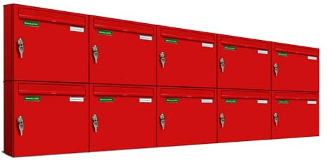 AL Briefkastensysteme Basic 10er Briefkasten RAL 3000 Feuer Rot 10 Fächer DIN A4 wetterfest Briefkastenanlage mit Posthaltebügel und 2 Namensschildern