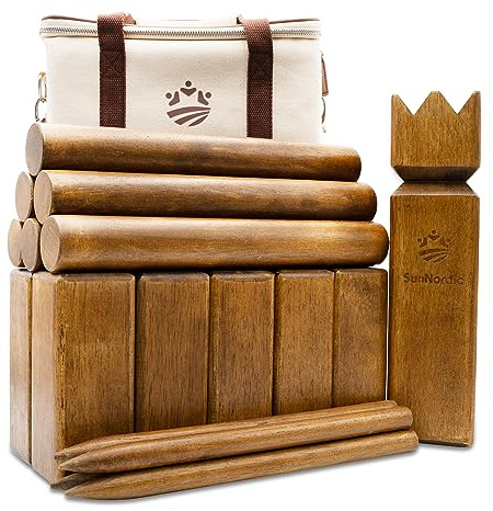 SunNordic Kubb Gioco di lancio vichingo, gioco di scacchi svedese in legno di gomma di alta qualità, con borsa per il trasporto in tela e istruzioni per il gioco, gioco robusto per bambini e adulti