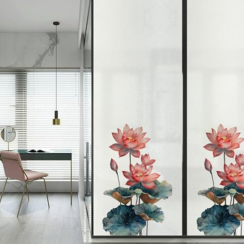 Milchglasfolie Lotusblau Rot Fensterfolie Blickdicht Fenster Sichtschutzfolie Milchglasfolie Selbstklebend Fenster Milchglasfolie Fenster Sichtschutzfolie Fenster Folie für Fenster 60x116cm/4 Pcs
