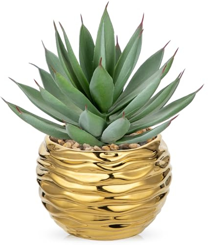 Hollyone Sukkulenten Pflanzen Künstliche Aloe Vera Pflanze, Faux Sukkulenten im Gold Keramiktopf, Getopfte Fake Aloe Pflanze für Home Office Badezimmer Tisch Schlafzimmer Regal Dekor 21cm