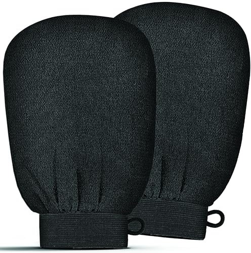 Willow & Lavender Exfoliating Mitts, Korean Skincare, Body Scrub Gloves, Dead Skin And Fake Tan Remover, Peel Mitt, Ingrown Hair Treatment, Gifts For Men And Women, Cheap Gifts (Black) Qty: X2