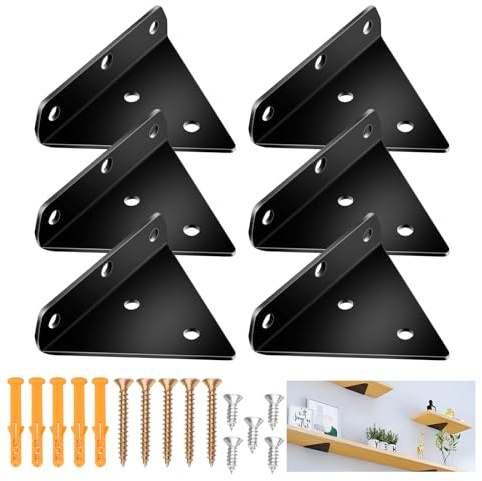 6 Stück Schwebende Regalhalterungen aus Metall, Unsichtbare Dreieck Wandhalterung 80x100mm, Schwerlast Regalträger bis 165kg, für Bücherregal, Küchenregal und Lagerregal (Schwarz)