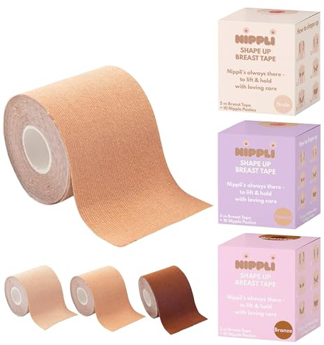 Nippli Shape Up Breast Tape – NippelCover 7,5cm x 5m, inkl. 10 Nipplepads – Brust Tape – für den perfekten Halt ohne BH – Feuchtigkeitsbeständig