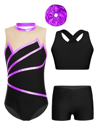 Zaldita Mädchen Turnanzug Ärmellos Tanzbody mit Kurze Hose + Tank Top + Haarband Ballett Trikot Gymnastikanzug Akrobatik Tanzkleidung Lila 146-152