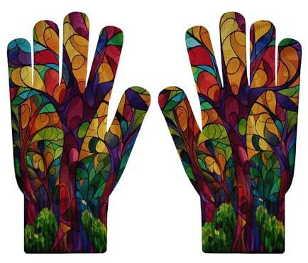 HZCRAES Handschuhe Damen – Atmungsaktive Thermo-Strickhandschuhe Mit Abstraktem Baumdruck,R Arbeitsschutz Die Gartenarbeit,Handschuhe Mit Buntem Glasfenster-Druck,Touchscreen-Handschuhe Outdoor-Sport