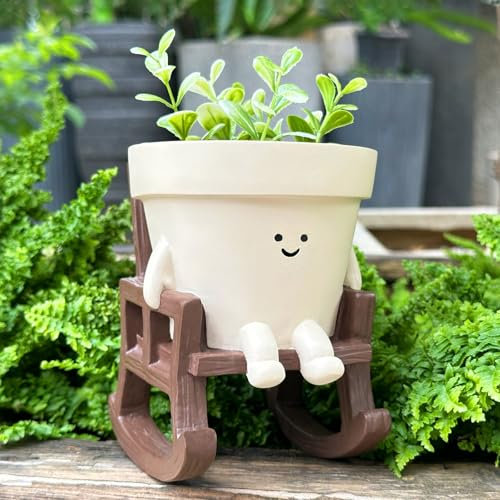 Smiley Face Planter Pot Cute Resin Flower Head Planters for String of Pearls Plant Live Indoor Outdoor Unique Sit Rocking Chair Succulent Pots Gift Ideas for Mother Christmas with Drainage Hole