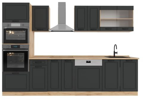 Vicco Küchenzeile R-Line, Anthrazit Landhaus/Goldkraft Eiche, 300 cm | 8 Module · Höhenverstellbare Füße · AP Eiche inkl. · MDF-Fronten · Mit Backofen-/Mikrowellenschrank · Frei kombinierbar
