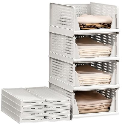 Lacusmall 4 Pack Stapelbar Schrank Kleiderschrank Organizer, Multifunktionale Faltbare Schrank Organizer, Schublade Aufbewahrungsbox für Bad Schlafzimmer Kleiderschrank Lagerung, Weiß