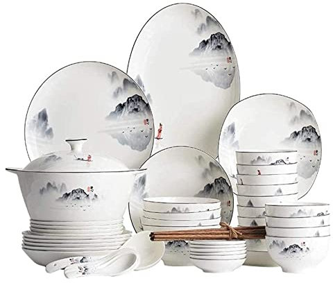 SGKOMN Set di stoviglie di Lusso per la Famiglia, Set di stoviglie in Porcellana, Ciotole e Piatti da Bistecca Quadrati | Set da tavola Combinato in Ceramica Smaltata da 2