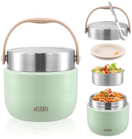 volumoon Thermos Alimentaire Chaud 1200ml, Récipient Inox avec Cuillère Pliable, Bol Isotherme Anti-Fuite avec Couvercle, Boîte Repas Thermique pour Soupe, Bureau, École, Voyage (Vert)