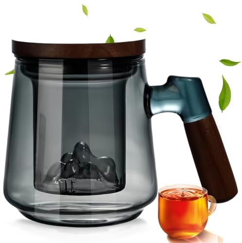 Tekopp med lock och sil, teglas med sil, tekanna glas, 500 ml teglas för lös bladte, blommigt te, tekanna med sil, stor kopp för teälskare, temugg med trähandtag