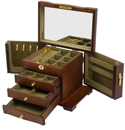 Schmuck Organizer Vintage Samt Schmuckschatulle aus Holz mit 4 Schublade & ausziehbare Schubladen Schmuckbox Schmuckkasten mit Spiegel & Schloss für Ringen Halsketten