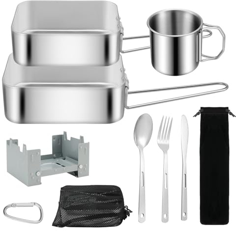 Povxlum Camp Cookware Set Camping Mess Tin 8-Piece Mess Tins for Camping Includes Cutlery Set Compact Stove Storage Bag Suitable for Camping Festivals & Fishing Trips