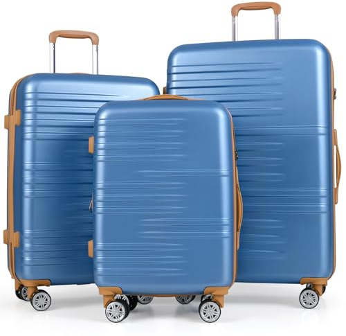 COSTWAY 3-delat koffertset, 20+24+28 tum (51+61+71 cm) expanderbar resväska, hårt skal koffertset med TSA-lås, teleskophandtag, 4 hjul och skyddsfodral, hårt skal-resväska för resor, blå, 20” + 24” +