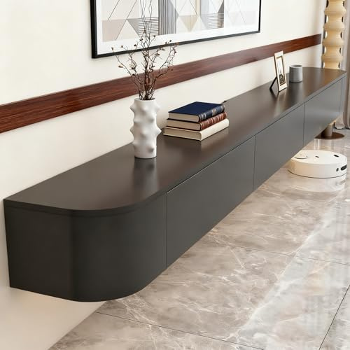 Wrtsxe Schwebende TV-Ständer aus Massivholz zur Wandmontage, Wand-Entertainment-Center mit Lagerschränken und herunterklappbaren Türen, schwebend für Wohnzimmer, Schlafzimmer, Büro (Noir, 160cm)