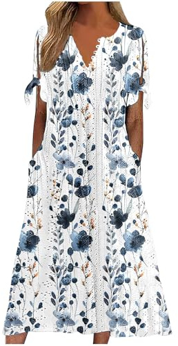 Dress Summer Dresses for Women UK Boho V Neck Button Floral Midi Dress Plus Size Casual Petite Short Sleeve Flowy Sundress Fashion Eyelet Ruffle Vacation Clothes Multicolor L