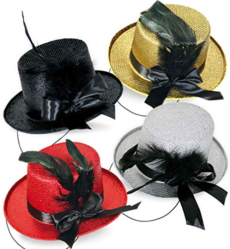 KarnevalsTeufel.de Mini-Zylinder, sortierte Farben, mit Schleife und Federn, Fascinator, Minihut (gold)