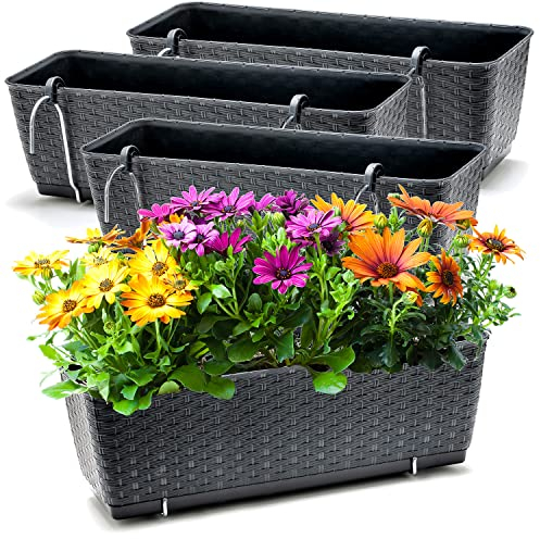 BigDean 4er Set Blumenkästen für Balkon-Geländer - Rattan-Optik - Anthrazit - Balkonkästen mit Metall-Halterungen - 49 x 17 x 17 cm - inkl. Bewässerungssystem