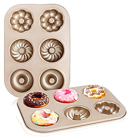Beasea Donut Molds for Baking 6-Cavity, 2 Count Mini Small Doughnut Baking Pan Nonstick Bagel Carbon Steel Tray Bagels Mold for Oven