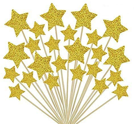 ZARRS Decorazione Torta, 50 confezioni di bacchette di decorazioni Cupcake Toppers con stella per matrimoni, compleanni, feste, picchi per frutta, cibo, baguette, oro, 9,2 cm