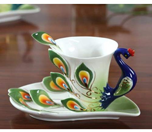 Creative Peacock Bone China Taza De Porcelana De Esmalte De Color 3D Con Platillo Y Cuchara Taza De Café De Cerámica Tazas Creativas Juegos De Té De Café