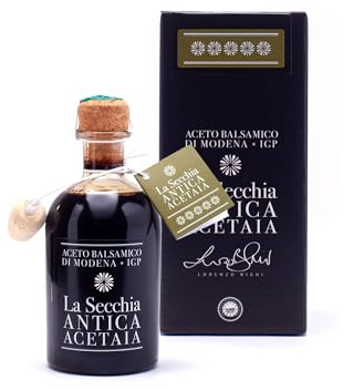 La Secchia - Vinaigre Balsamique de Modène IGP Cinq Étoiles, Vieilli dans 20 Fûts de Bois Différents, Haute Densité, Boutelle de 250 ml avec Bouchon Doseur en Liège