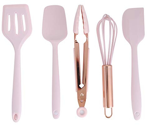 Fdit 5 Stück Silikon Küchengeschirr Mini Backspatel Schneebesen mit Roségold Griff Silikon Kinder Backwerkzeug