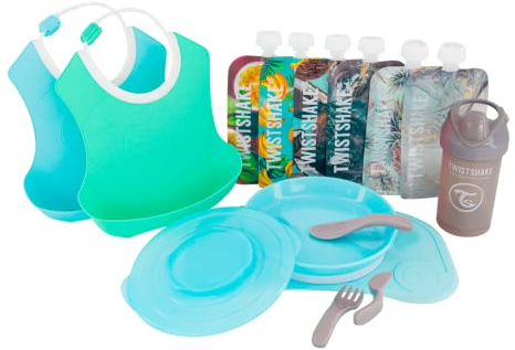 Twistshake 78817 Juego de Vajilla Bebés Click Mat Mini + Plato, 2 Pcs Baberos, Vaso con Boquilla, 6x Bolsas reutilizables, Sin BPA, Azul/Verde