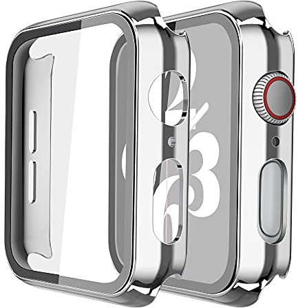 Misxi Hard Hülle mit Glas Displayschutz Kompatibel mit Apple Watch Series SE 2 (2024) / SE/Series 6 / Serie 5 / Series 4 40mm, 2-Stück, 1 Silber + 1 Transparent