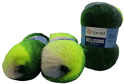 Yarnart Bellissimo 3 x 150 Gramm Strickwolle mit Mohair, 450g Wolle mit Farbverlauf (grün kiwi weiss 1418)