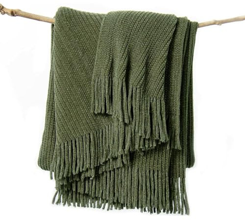 lifein Herbstgrüne Überwurfdecke für Couch, weicher Chenille-Boho-Überwurf, gestrickte Bauernhaus-Decke, gemütlich, gestrickt, klein, leicht, Decke und Überwurf mit Quaste für Bett, Stuhl, Sofa,