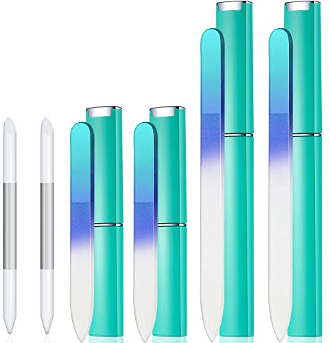 Mudder 6 Pack Crystal Glass Fingernail File with Case for Natural Nail and Cuticle Pusher Dual Ended Manicure Stick Set Nail Care Large Small Portable Tool Gift for Women Pastel Green Violet(Green)