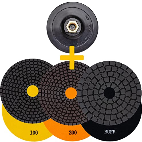 EDW Profi Diamant-Schleifpad-Set NASS, 100mm, Körnung 100 + 200 + Polierer, Klett-Aufnahmeteller M14, für Naturstein, Marmor, Granit, Feinsteinzeug, Keramik, Ton, Glas