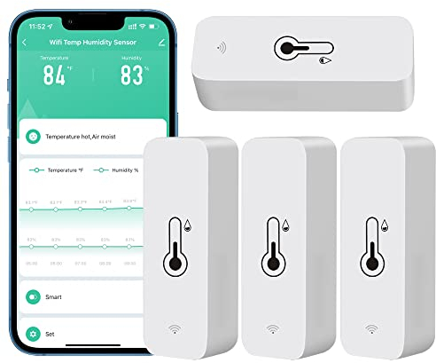 PHOVOLT WiFi-Hygrometer-Thermometer-Sensor für Zuhause, Innen- und Außenbereich, kabelloser Temperatur- und Feuchtigkeitssensor, Monitor mit Fernbedienung, App für Zuhause, Gewächshaus (4-Pack)