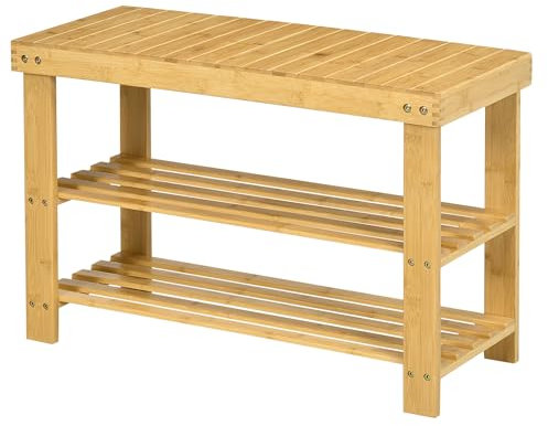 HOMCOM Banco Zapatero de Bambú Zapatero con Asiento Organizador de Zapatos de 3 Niveles para 6 Pares Zapatos para Entrada Salón Dormitorio 70x28x45 cm Natural