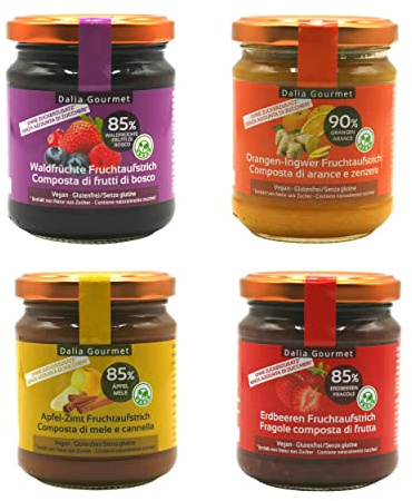 Dalia - Composta di frutta 85 % | Senza aggiunta di zuccheri con ERITRITOLO - STEVIA | Prodotto artigianale italiano | 4 pezzi da 220 g | Frutti di Bosco, Fragole, Arancio-Zenzero, Mele-Cannella